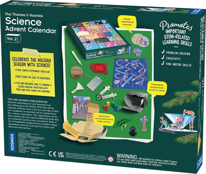 Back of green Science Advent Calendar box featuring science tools, a blue maze, test tubes, and 24 nested boxes.