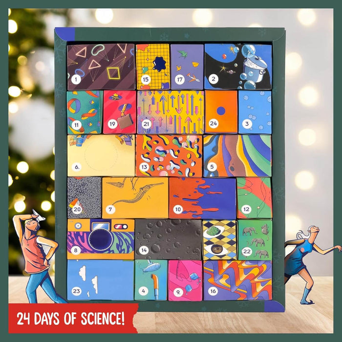 Dark green advent calendar with 24 colorful, numbered boxes with science art and characters against festive lights.