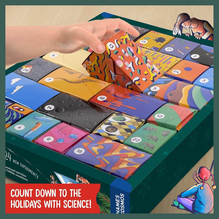 Green science advent calendar with 24 colorful numbered boxes. A hand lifts a red patterned box labeled 13.