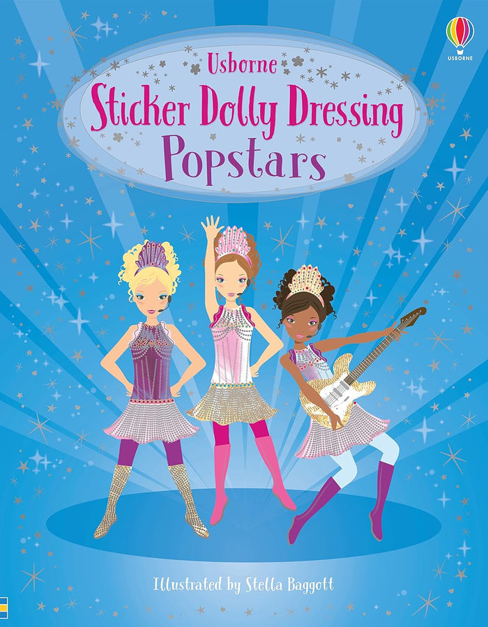 Sticker book cover featuring three illustrated pop stars in sparkly outfits and a guitar on a blue starry background.