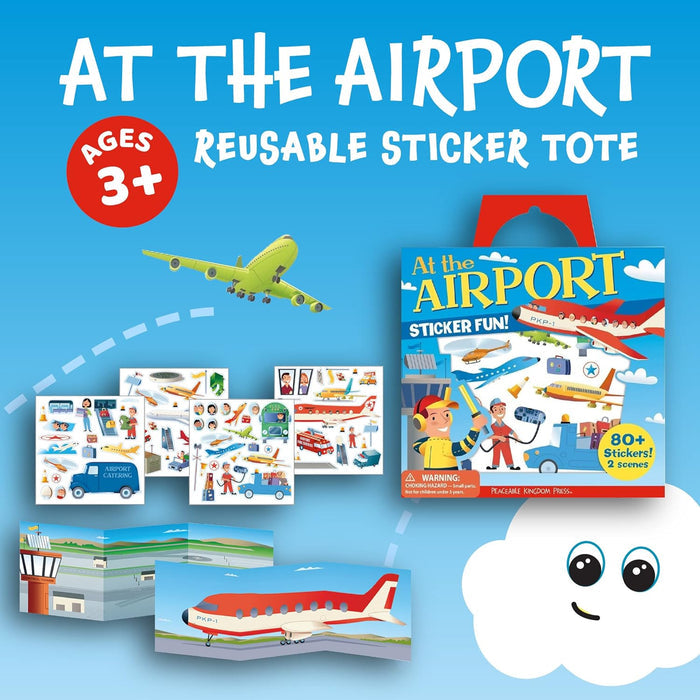Airport sticker set featuring a red handle tote, sticker sheets, and fold-out runway scenes on a bright blue background.