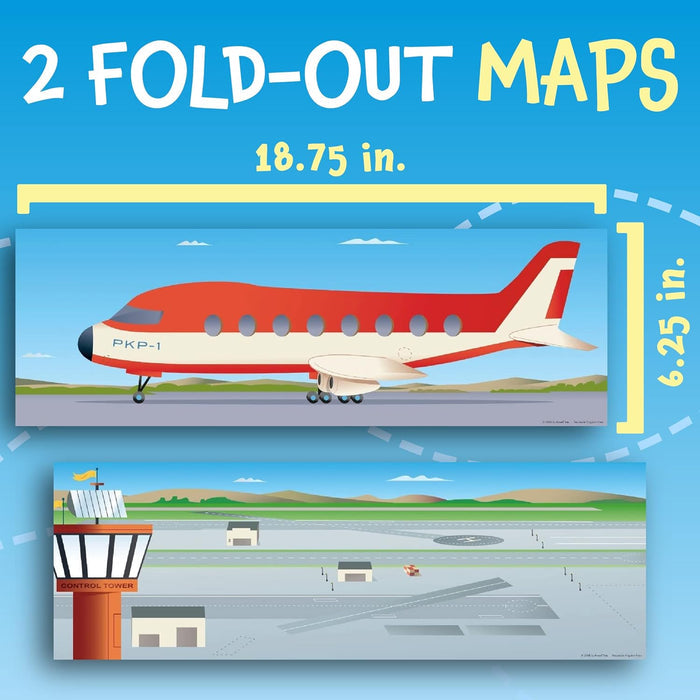 Two fold-out airport play maps measuring 18.75 by 6.25 inches, featuring an airplane and an airfield scene.