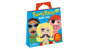 Blue tote bag with red handle featuring three cartoon faces with silly sticker features like mustaches and an eyepatch.