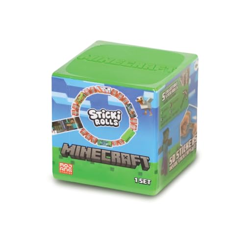 A green cube-shaped box for Minecraft Sticki Rolls containing 5 rolls of stickers with character art.