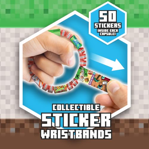 Hands pull a sticker from a Minecraft wristband made of tiny red and green rolls. Graphic says 50 stickers inside.