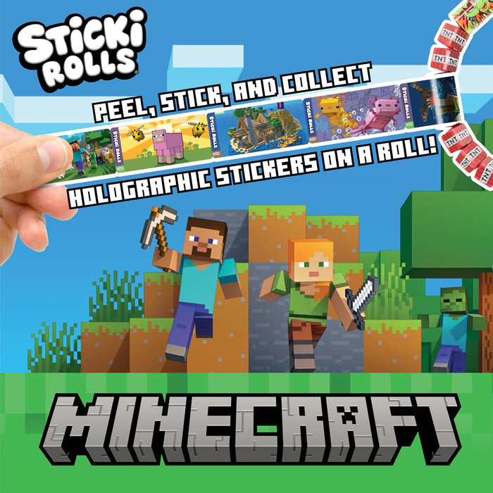 Minecraft Sticki Rolls promo showing holographic stickers of game scenes alongside characters Steve and Alex.