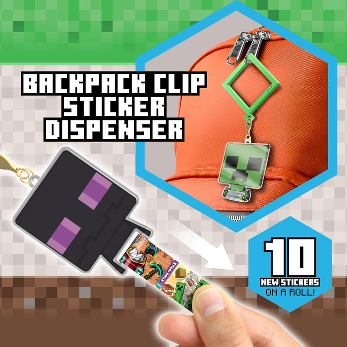 Minecraft Enderman and Creeper head clips that dispense sticker rolls; one is shown clipped to an orange backpack.