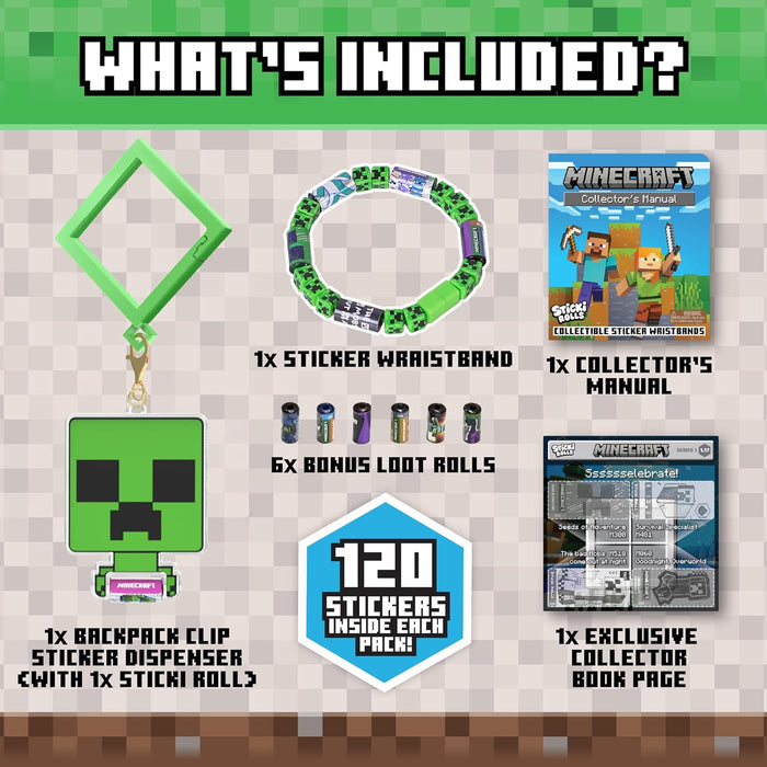 Minecraft kit with green Creeper backpack clip, wristband, manual, and 6 bonus rolls containing 120 stickers.