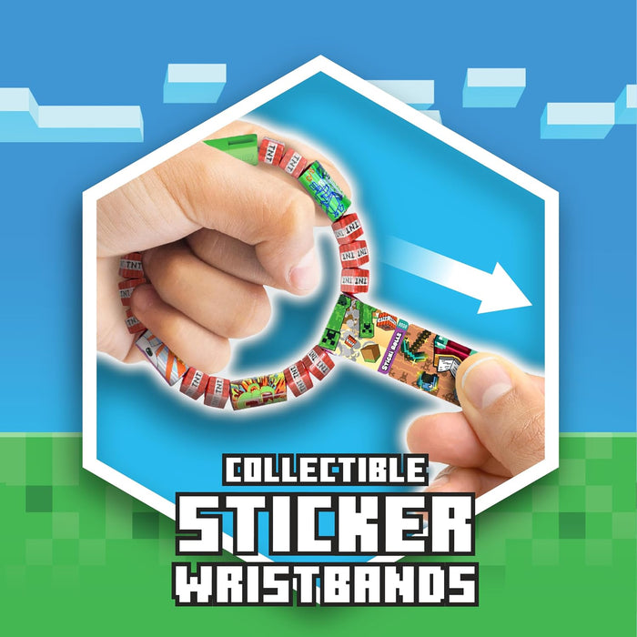 Hand pulling a sticker roll from a Minecraft beaded wristband featuring red TNT and pixelated character designs.