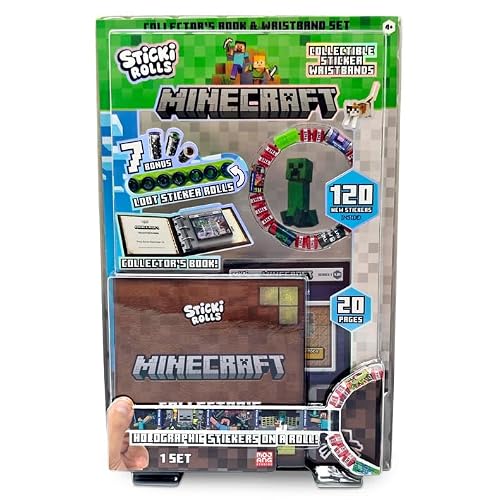 Green pixelated box containing a brown sticker book, colorful rolls, and a beaded bracelet with a green Creeper charm.