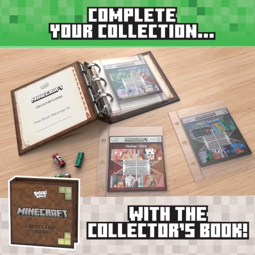 Brown pixelated binder open with plastic sleeves holding sticker sheets and colorful rolls on a wooden background.