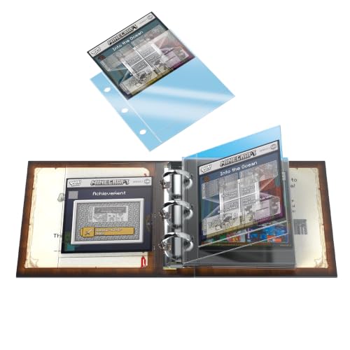 Open brown binder with three rings, clear sleeves, and Minecraft themed cards. One sleeve floats above.