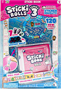 Pink packaging for Sticki Rolls Series 3 featuring a blue bead bracelet and a pink collectible sticker book.