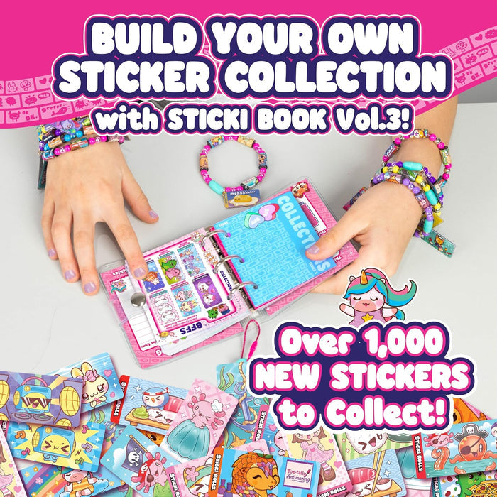 Hands organizing a pink sticker binder among many colorful cartoon stickers and wearing bright beaded bracelets.