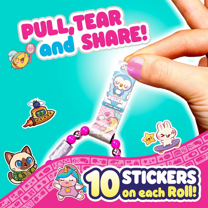 Hand pulling a sticker from a bead on a pink bracelet with cute cartoon characters and 10 stickers on each roll text.