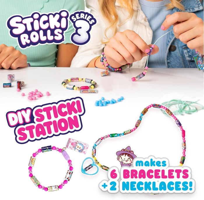 Kids crafting jewelry with colorful beads and sticker rolls. Shows finished bracelets and a heart-shaped necklace.