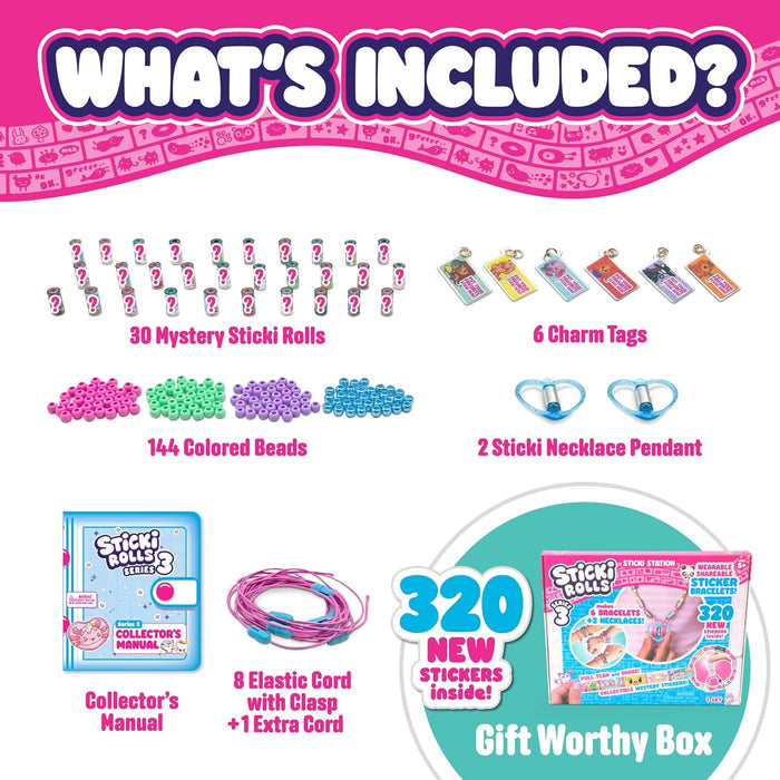 What's included infographic showing 30 rolls, charm tags, beads, heart pendants, manual, cords, and sticker gift box.