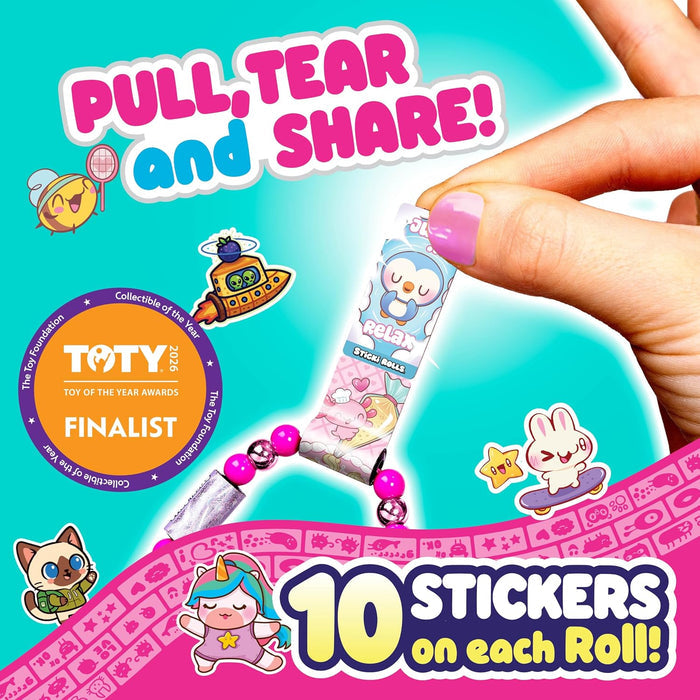 Hand pulling a sticker roll from a pink bead bracelet with cute cartoon characters on a bright turquoise background.