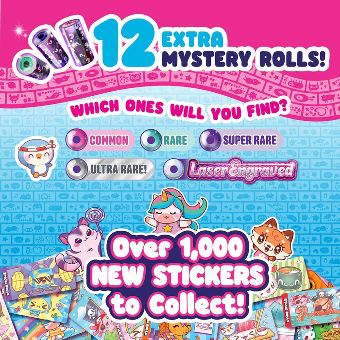 Pink and blue graphic with 12 mystery sticker rolls, rarity levels, and various cute cartoon animal stickers to collect.