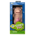 Pink toy pig with a wide grin inside a blue box. Green Stinky Pig logo and yellow Push My Belly bubble on front.