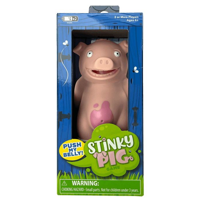 Pink toy pig with a wide grin inside a blue box. Green Stinky Pig logo and yellow Push My Belly bubble on front.