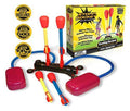 Colorful foam rockets with pink stomp pads, blue air hoses, and yellow product box with award seals.