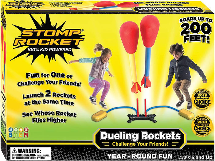 Yellow box showing a boy and girl jumping on pads to launch two red foam-tipped rockets into the air.