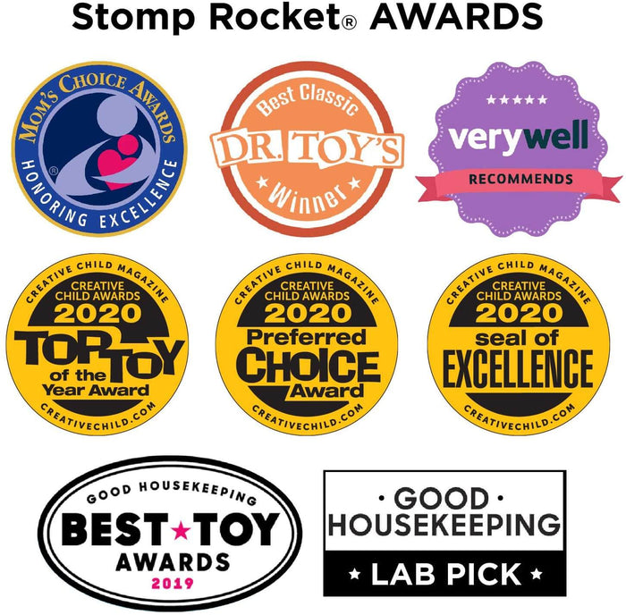 Eight colorful award seals from Mom’s Choice, Dr. Toy, Good Housekeeping, and Creative Child Magazine.