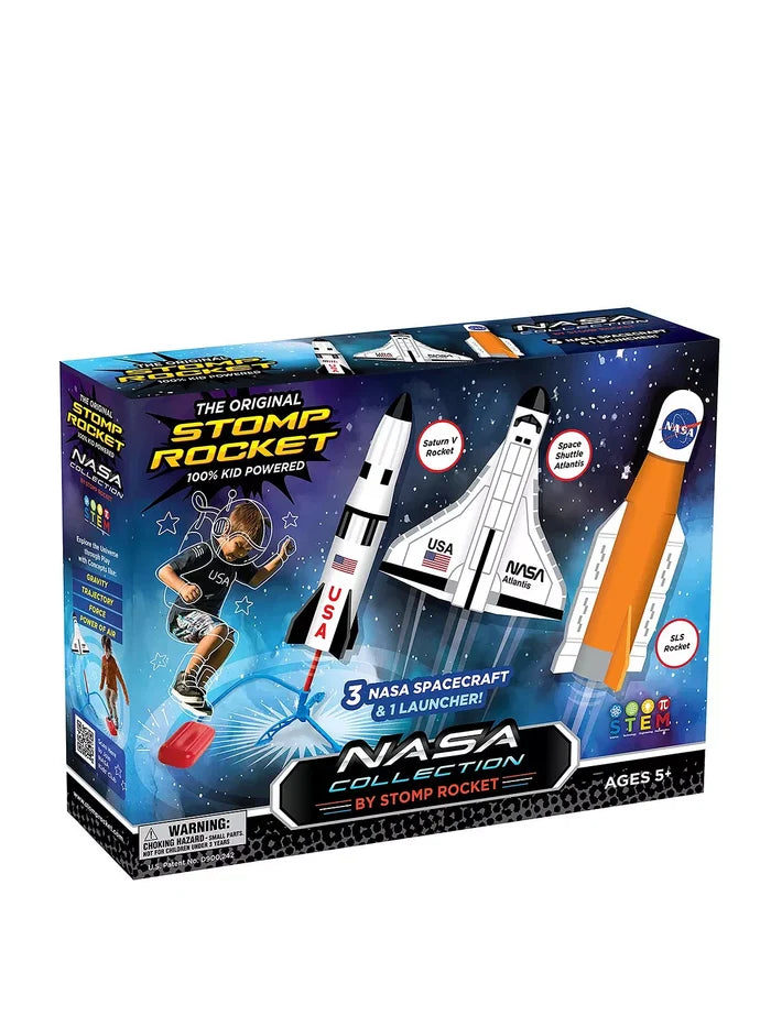 Toy box with orange and white NASA rockets and a boy jumping on a red foot pump launcher in a starry space scene.