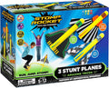Colorful toy box showing three foam gliders and a boy jumping on a yellow foot pump launcher to fly them.