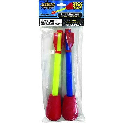 Two foam rockets, one yellow and one blue, with red foam tips and fins in clear plastic retail packaging.