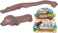 Two brown rubber dachshund toys, one unstretched and one stretched out, next to their colorful retail display box.