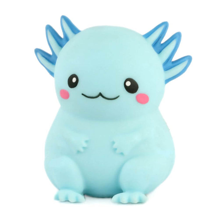 Light blue squishy axolotl toy with dark blue gills, pink cheek spots, and a smiling face.