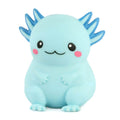 Light blue squishy axolotl toy with dark blue gills, pink cheek spots, and a smiling face.