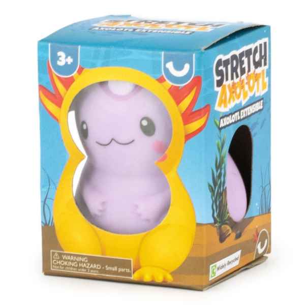 Squishy purple axolotl toy inside a blue and yellow illustrated box with a clear window.