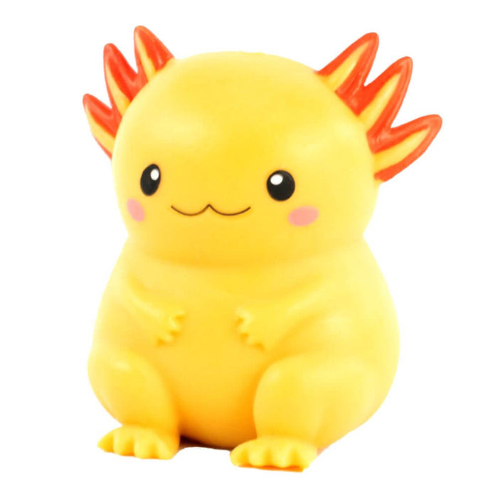 Yellow squishy axolotl toy with red gills, a smiling face, and pink cheeks against a white background.