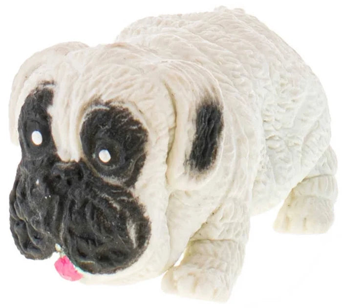 Squishy white bulldog toy with deep wrinkles, black facial markings, and a small pink tongue.