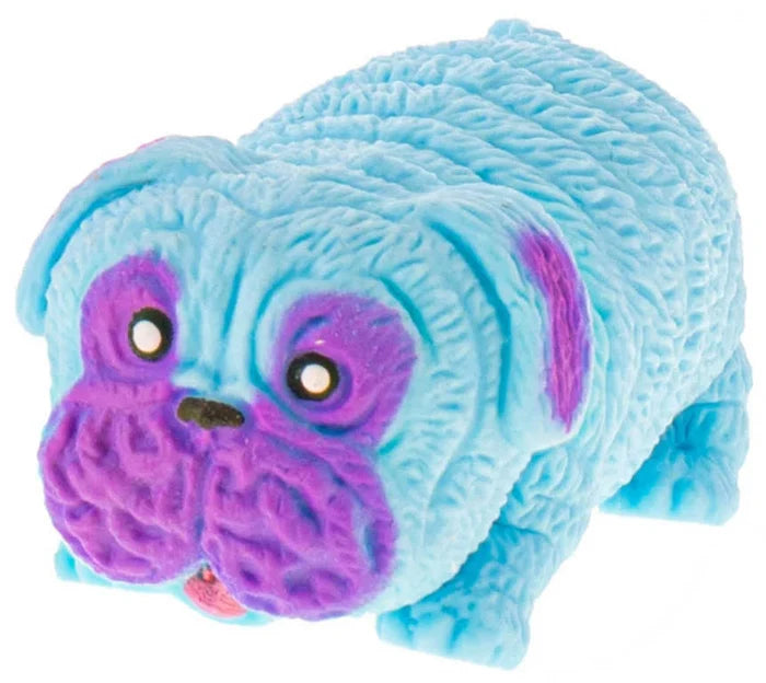 Blue and purple wrinkled rubber toy dog with a stretchy body and pug-like facial features.