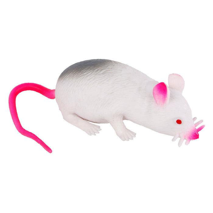 White toy mouse with a grey back, long pink tail, pink ears and nose, and small red eyes.