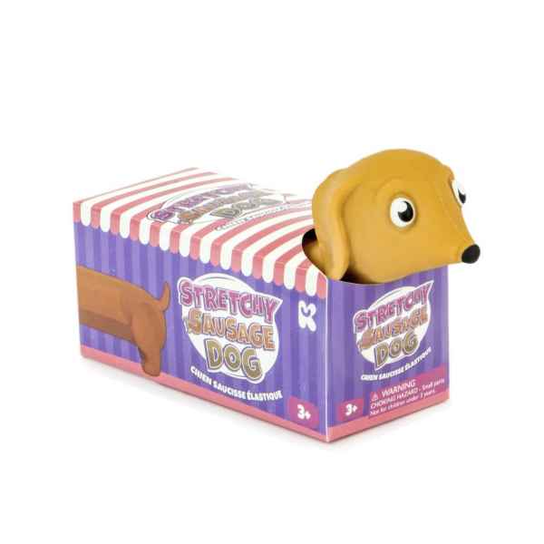 Tan rubber dachshund head peeking out of a purple box with pink and white stripes and a cartoon dog on the side.
