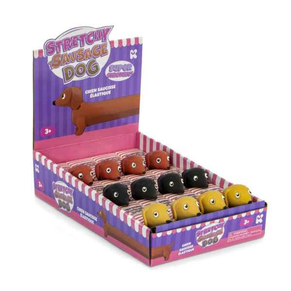 Display of brown, black, and yellow dachshund toys in a purple and pink striped box with a long cartoon dog illustration.