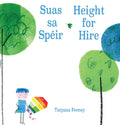 Illustrated book cover with a blue-haired child holding a rainbow kite among whimsical green and blue trees.