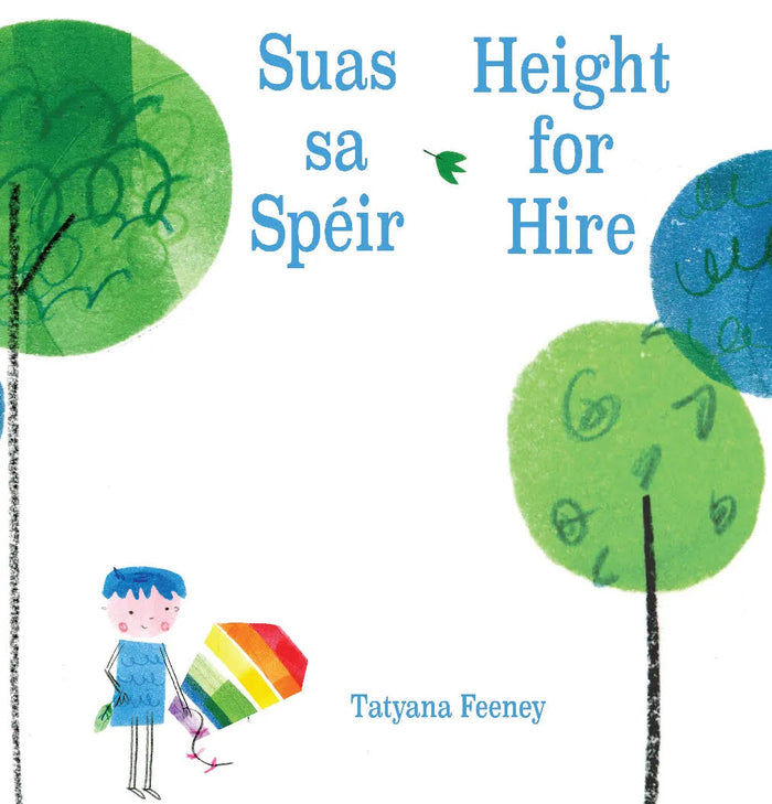 Illustrated book cover with a blue-haired child holding a rainbow kite among whimsical green and blue trees.