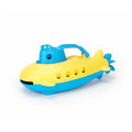 Yellow and blue toy submarine with a handle, portholes, and a rear propeller on a white background.