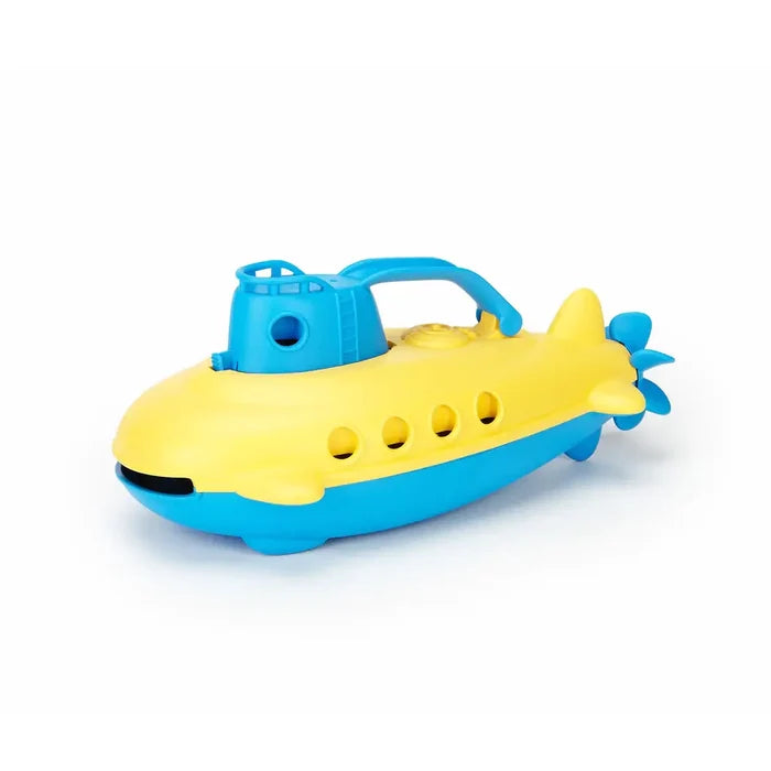 Yellow and blue toy submarine with a handle, portholes, and a rear propeller on a white background.