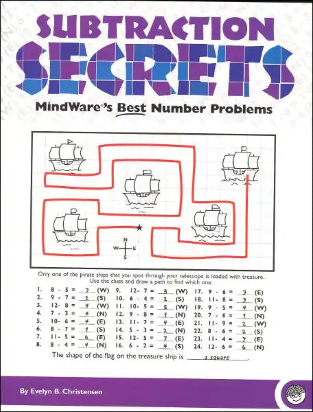 Subtraction workbook page with a pirate ship maze, red path, and math problems under a purple and blue patterned title.