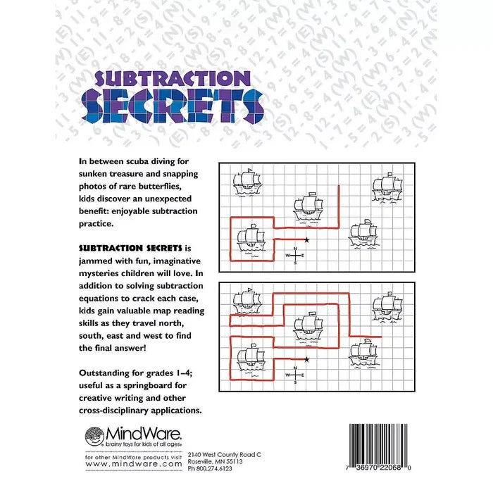 White back cover featuring math problems, text, and grid maps with red paths connecting pirate ships.