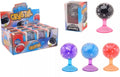 Bead-filled squeeze balls with suction cup bases in various colors, shown with retail packaging and a display box.