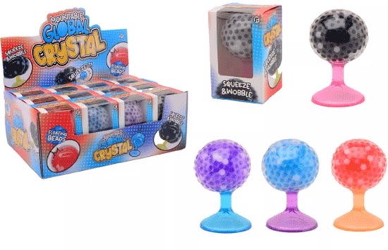 Bead-filled squeeze balls with suction cup bases in various colors, shown with retail packaging and a display box.