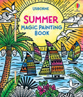 Colorful book cover with sailboats, a palm tree, and a large sun, featuring an included wooden paintbrush.